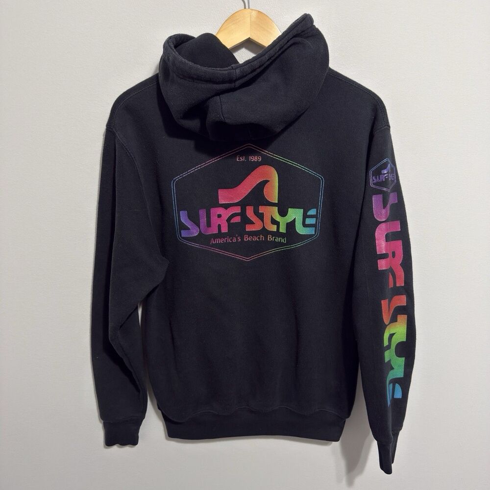 Surf Style Black S Hood Sweatshirt Neon Logo Down Arm Retro Beach Bum Coastal